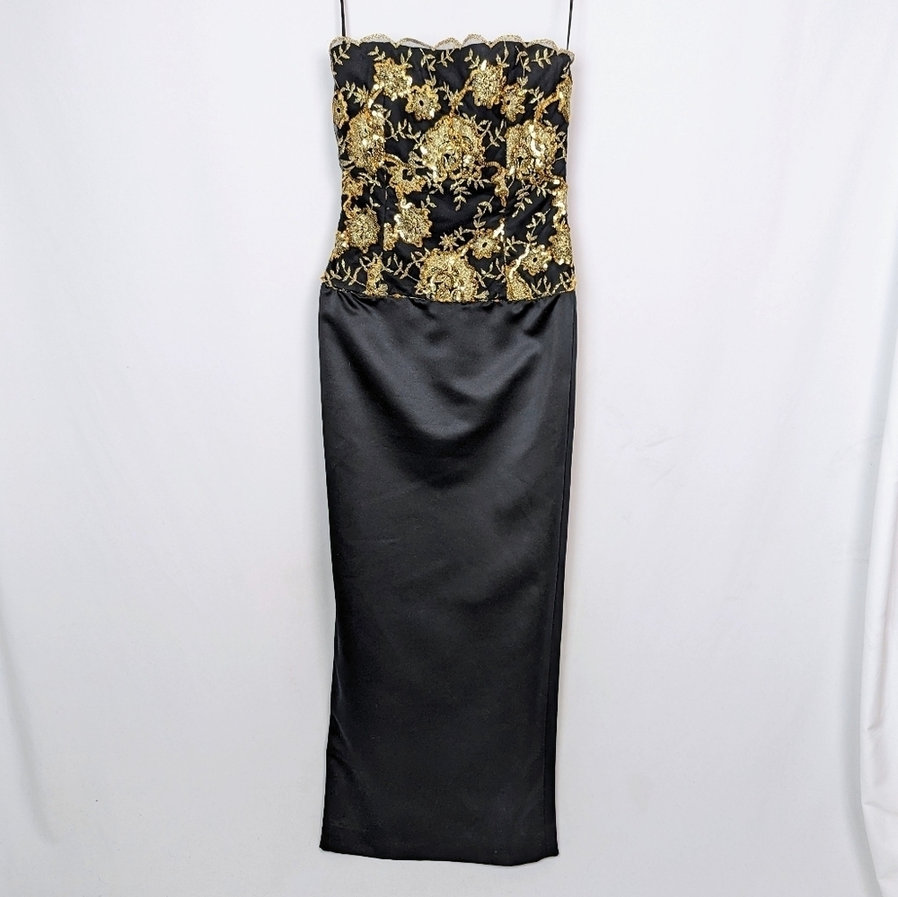 Vintage 80s Julie Duroche 8 Strapless Embroiderers Floral Sequence Gown Dress